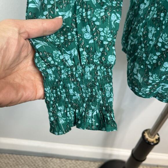 Talbots Blouse sz Medium Dark Green Floral Cottage Core Smocking Prairie Modest - Picture 6 of 10